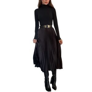 Black Pleated Satin Silky Long Midi Length Old Money Christmas Wedding Guest